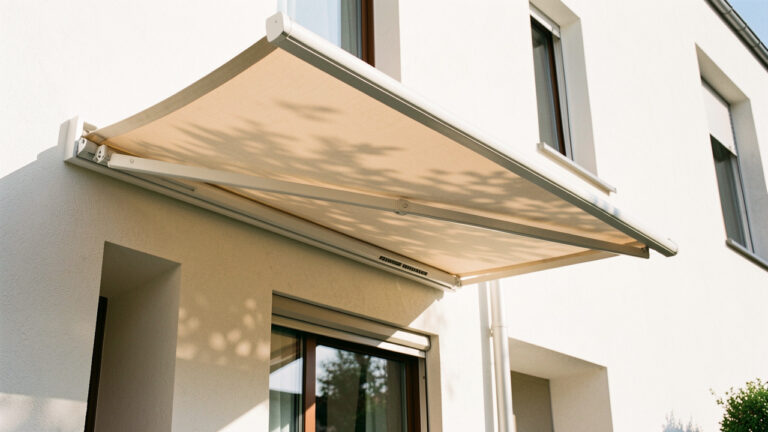 Avent de terrasse moderne projetant de l’ombre douce sur une façade, avec une structure légère et une toile discrète, en lumière naturelle.