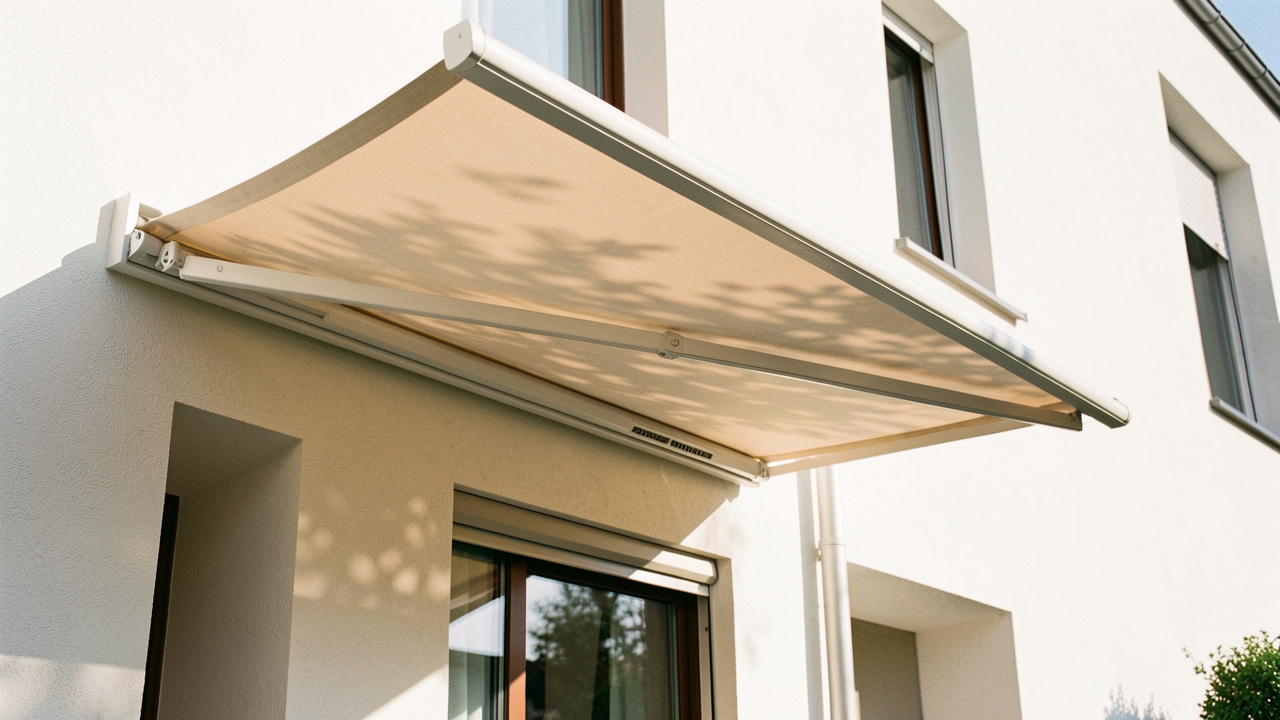 Avent de terrasse moderne projetant de l’ombre douce sur une façade, avec une structure légère et une toile discrète, en lumière naturelle.
