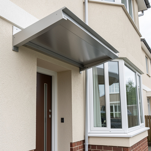 Auvent sur mesure en aluminium pour protéger l’entrée et la baie vitrée, avec finition métallique moderne et éclairage naturel.