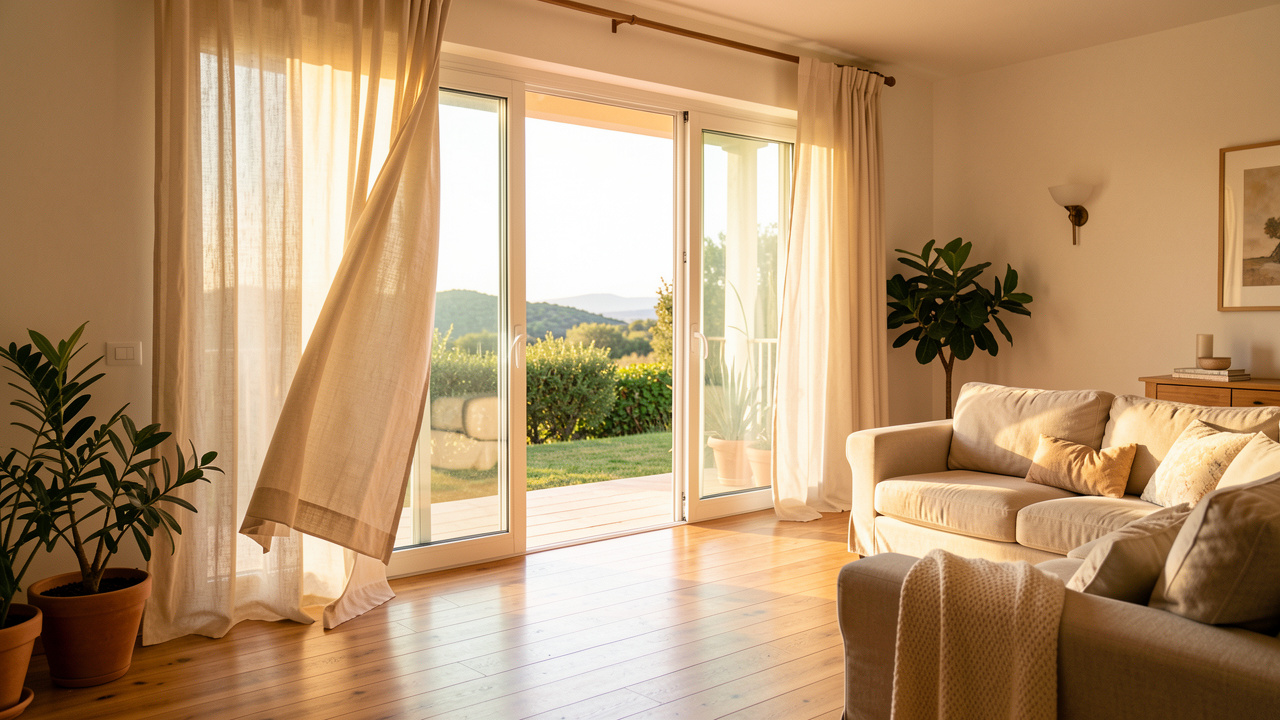 Baies vitrées coulissantes ouvertes sur une pièce lumineuse avec rideaux en lin, plantes d’intérieur et mobilier confortable, baignées par une lumière chaude typique du Var.