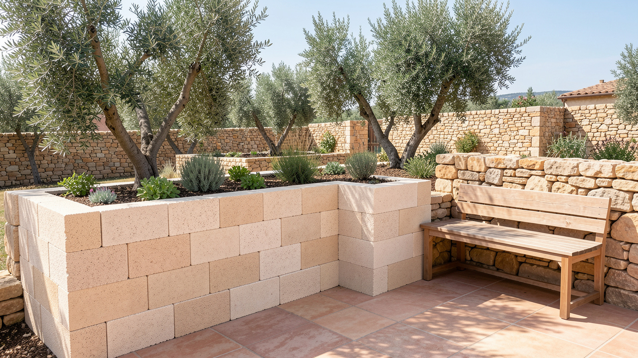 Blocs de béton cellulaire utilisés pour créer un muret, une jardinière surélevée et un banc dans un aménagement extérieur méditerranéen du Var.