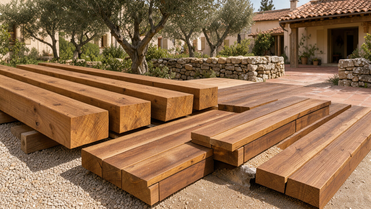 Échantillons de bois massif et poutres en bois disposés dans un jardin méditerranéen du Var, près d’une terrasse extérieure et d’un mur en pierre.
