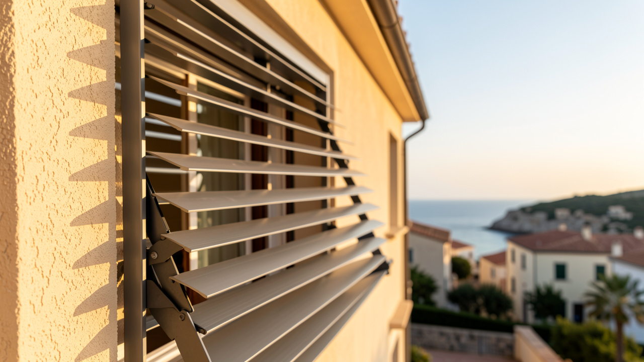 Détail d’un brise-soleil orientable sur la façade d’une villa, avec les lames réglées et des ombres nettes sous une lumière dorée, ambiance méditerranéenne du Var.