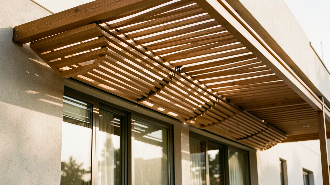 Photographie réaliste d’une brise-soleil orientable sur une façade moderne, avec des lames inclinées pour moduler la lumière et la chaleur toute l’année.