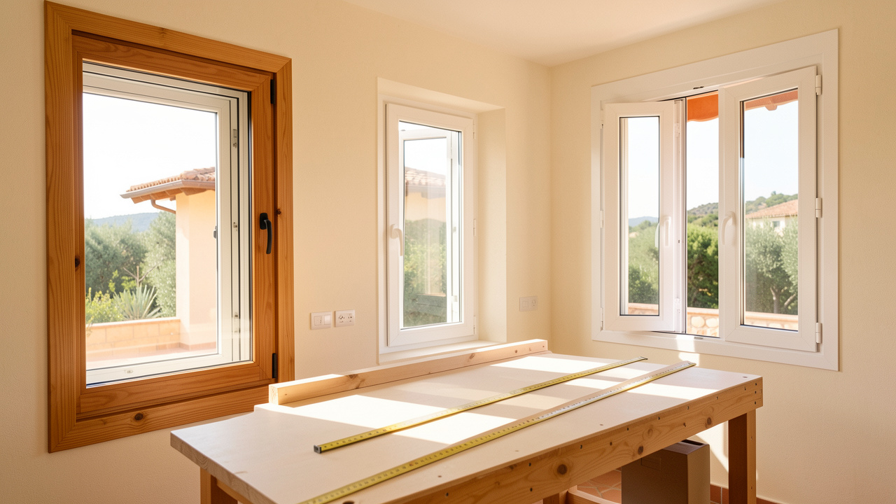 Fenêtres sur mesure de différents matériaux et dimensions dans une villa méditerranéenne du Var, avec des outils de mesure posés sur un établi.