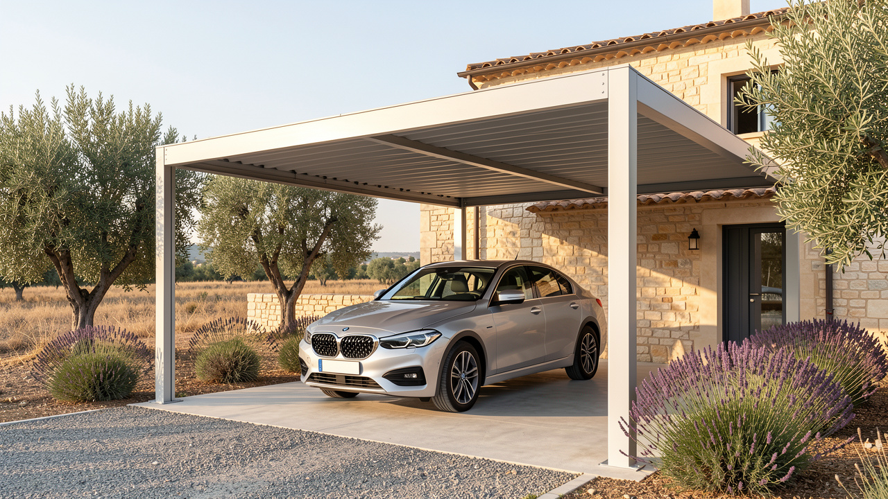 Carport moderne en aluminium protégeant une voiture près d’une villa méditerranéenne dans le Var, entouré d’oliviers et de lavande.