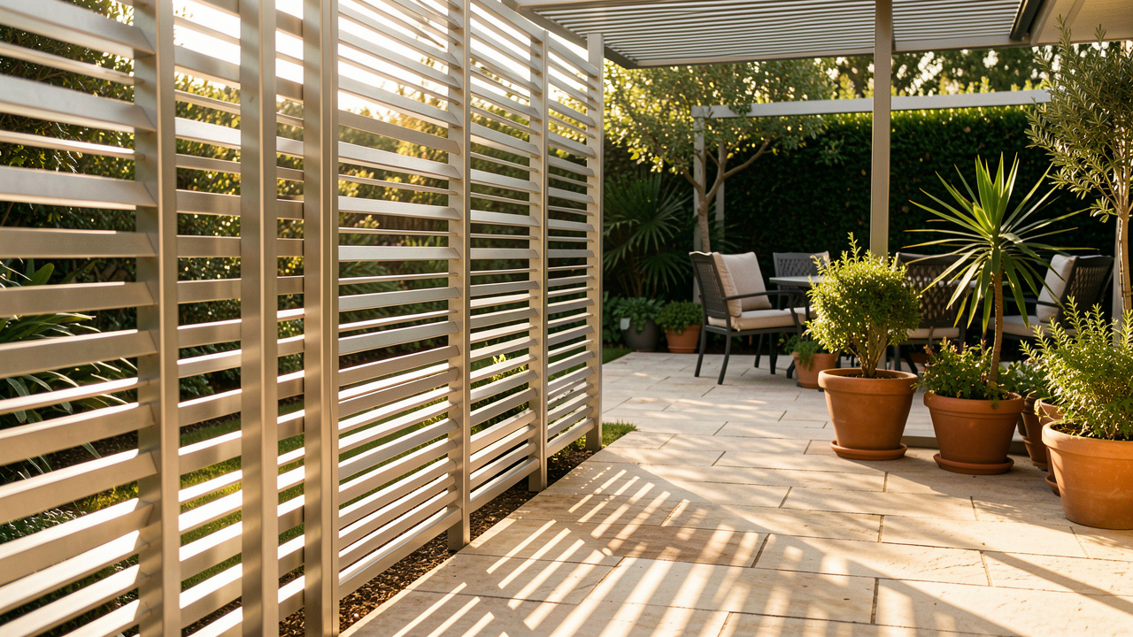 Claustra en aluminium extérieur moderne qui structure un jardin, une terrasse et un accès, avec lumière dorée et ombres nettes sur le dallage et les plantes.