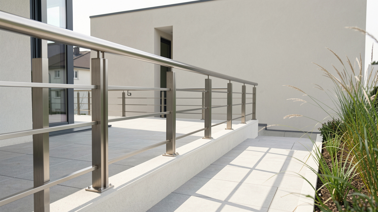 Garde-corps en aluminium moderne autour d’une terrasse et d’un balcon, avec vue claire sur les montants et la finition métallique, en lumière naturelle.