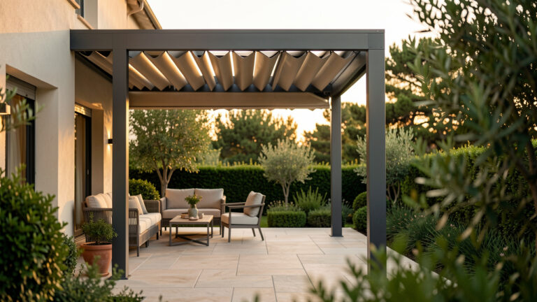 Terrasse avec une pergola bioclimatique moderne, lames ajustables ouvertes et lumière du soir chaude, entourée de verdure.
