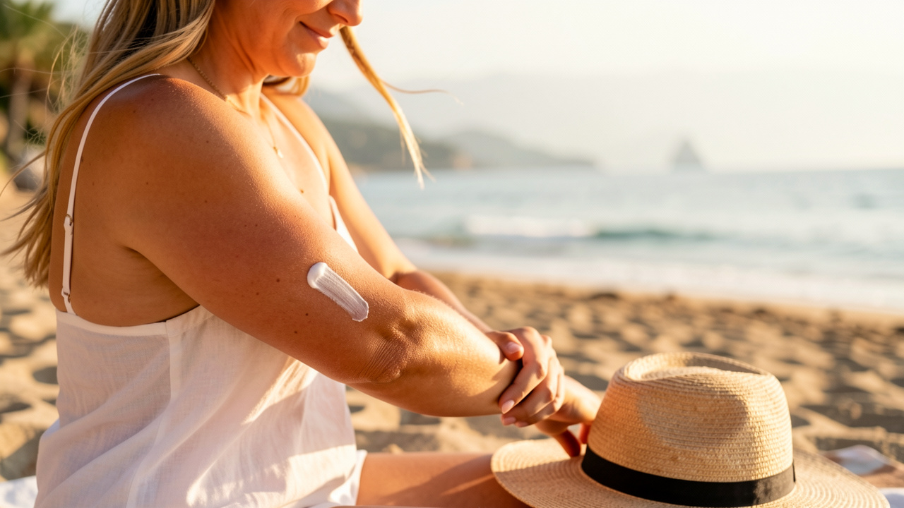 Une femme applique une protection solaire sur son bras au bord de la mer par forte chaleur, ambiance estivale dans le Var, lumière dorée et vue réaliste.