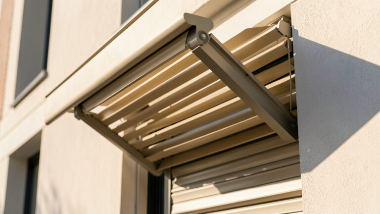Gros plan d’un brise-soleil orientable sur une façade moderne, avec les lames inclinées pour maîtriser la lumière du soleil et la chaleur en été.