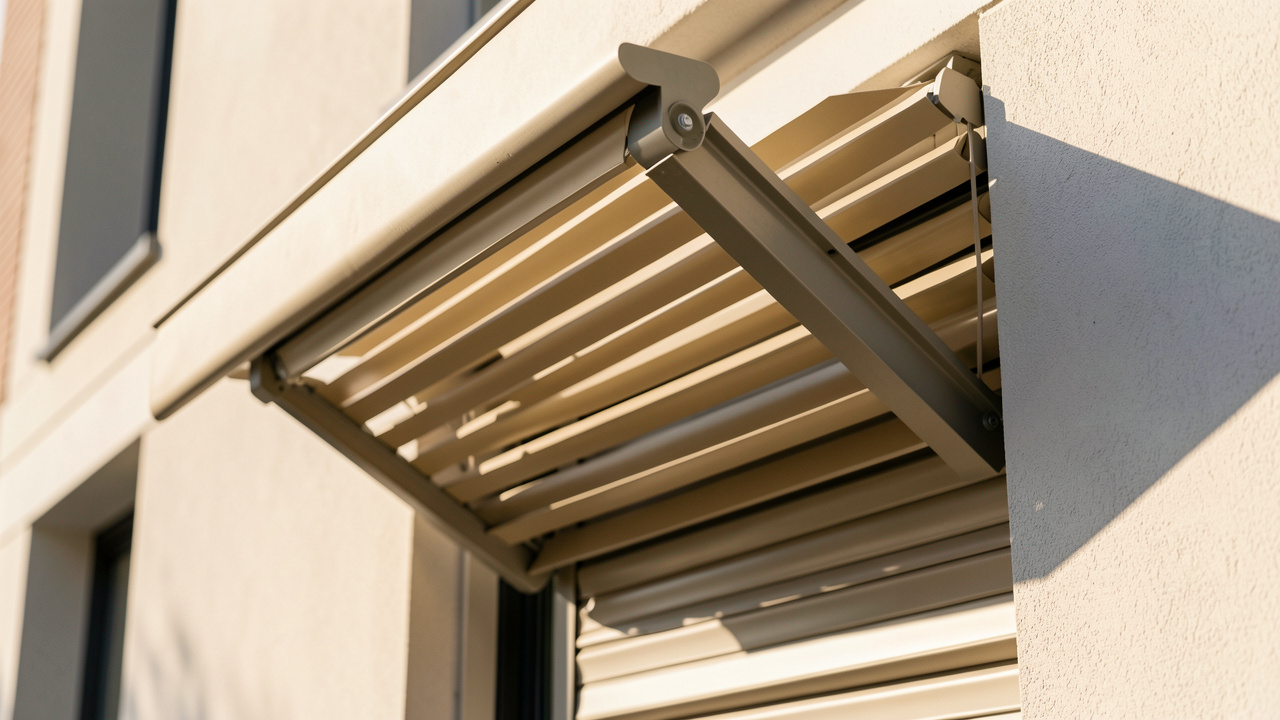 Gros plan d’un brise-soleil orientable sur une façade moderne, avec les lames inclinées pour maîtriser la lumière du soleil et la chaleur en été.