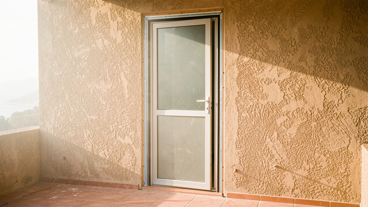 Illustration réaliste d’une porte d’entrée extérieure durable installée sur une maison méditerranéenne ensoleillée, avec une pose soignée et des détails d’étanchéité adaptés au climat du Var.