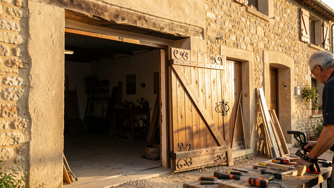 Façade d’une maison provençale avec une porte de garage en cours d’installation, lumière dorée naturelle et textures de pierre et d’enduit.