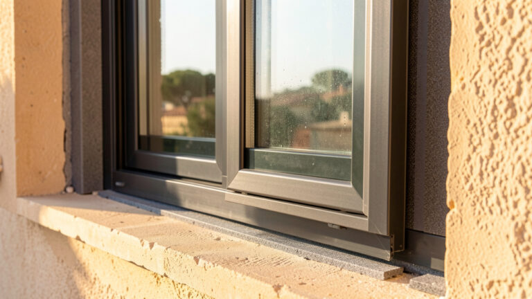 Fenêtre moderne à vitrage acoustique avec cadre étanche, vue rapprochée montrant des couches de verre pour réduire le bruit, lumière méditerranéenne dans le Var.