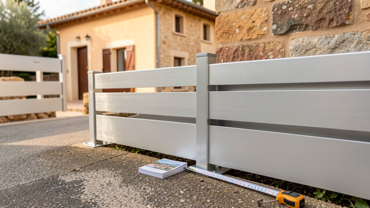 Panneaux de clôture en aluminium modernes comparés près d’une maison dans le Var, avec un mètre ruban, lumière naturelle et détails réalistes.