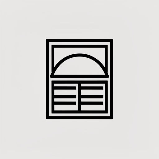 Emblème minimaliste et moderne en style plat : une icône simple combinant un cadre de fenêtre, une protection solaire et des lames, sur fond uni, sans texte.