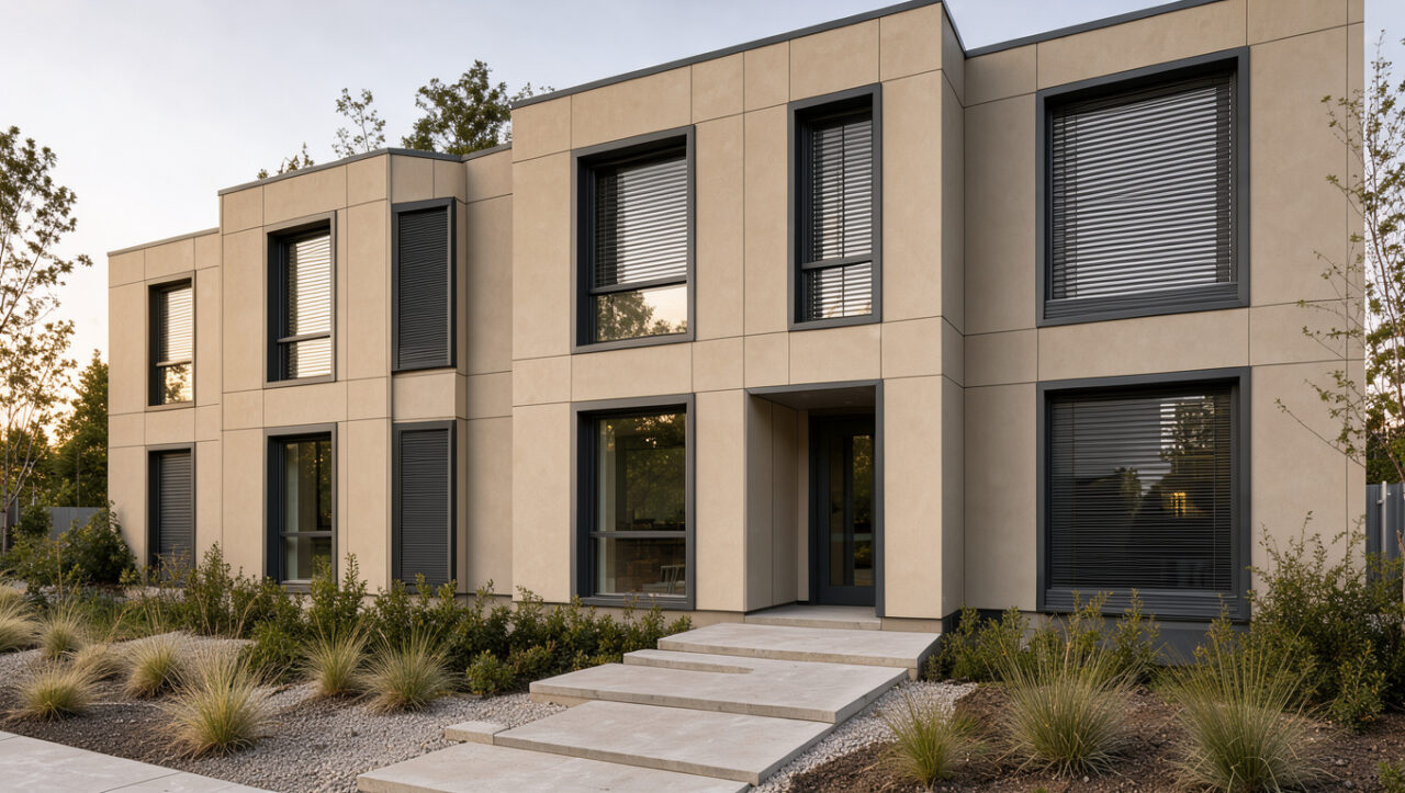 Façade résidentielle moderne habillée de panneaux stratifiés, avec volets extérieurs et systèmes d’occultation intégrés dans un ensemble sobre et résistant.