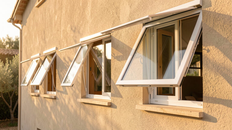 Façade d’une maison en Provence dans le Var avec des fenêtres oscillo-battantes entrouvertes, éclairage naturel doré et ambiance résidentielle.