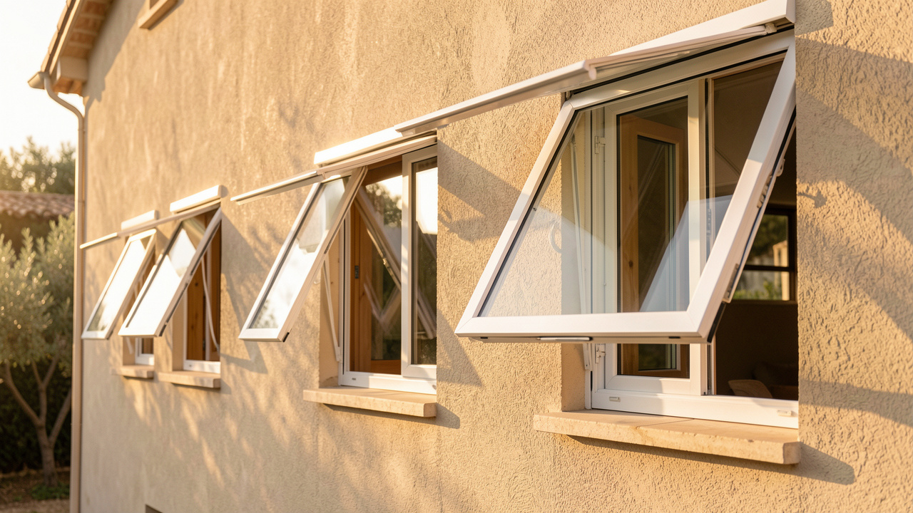 Façade d’une maison en Provence dans le Var avec des fenêtres oscillo-battantes entrouvertes, éclairage naturel doré et ambiance résidentielle.