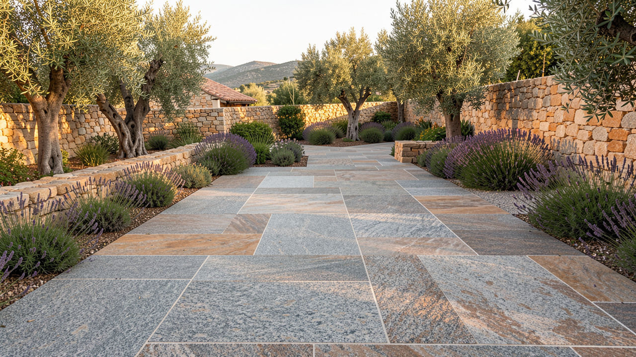 Terrasse et cheminement extérieur en dalles de granit gris au milieu d’un jardin méditerranéen avec oliviers, lavande et murets en pierre dans le Var.