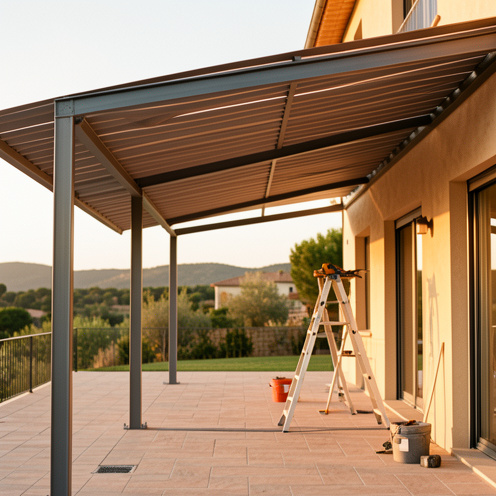 Installation d’une pergola bioclimatique sur une terrasse de villa moderne dans le Var, avec structure métallique et lames réglables en cours de montage, sous une lumière dorée naturelle.