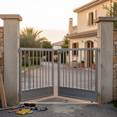 Installation d’un portail battant sur une propriété à Toulon, avec alignement et fixation du portail sur des piliers en béton, outils et matériel de chantier visibles dans la cour.