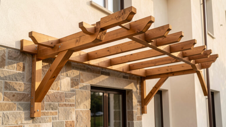 Intégration d’une pergola en bois à une façade existante, montrant l’alignement des poutres et des fixations sur les textures de pierre et d’enduit.
