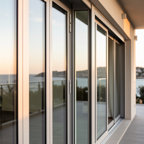 Fenêtres, portes et baies en aluminium modernes sur une façade contemporaine à Toulon, éclairage doré et reflets métalliques réalistes.