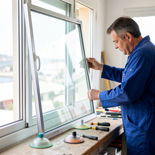 Atelier de miroiterie à Toulon : un vitrier installe et remplace une vitre dans un cadre métallique, avec des outils et des reflets réalistes sur le verre.