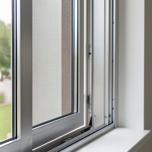 Installation d’une moustiquaire sur mesure pour fenêtre en aluminium : cadre métallique et maille ajustée précisément à la menuiserie, lumière naturelle et rendu réaliste.