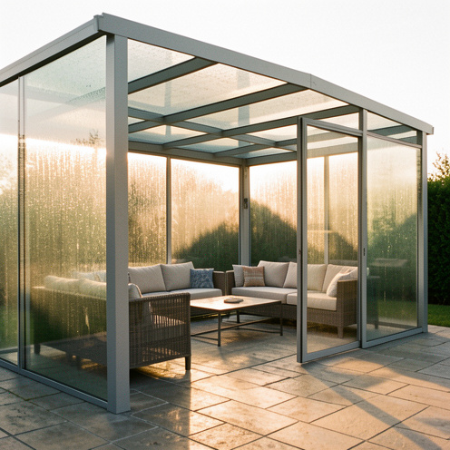 Pergola vitrée moderne sur une terrasse, laissant passer une lumière douce et protégeant l’espace, avec mobilier extérieur et reflets sur les panneaux en verre.