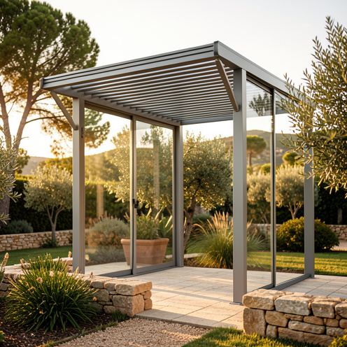 Pergola bioclimatique sur mesure dans le Var, avec lames orientables et panneaux vitrés, offrant de l’ombre et une lumière filtrée dans un jardin méditerranéen.