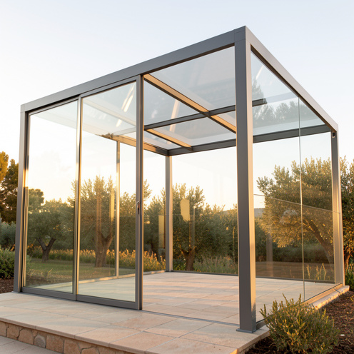 Pergola vitrée moderne avec structure en aluminium, installée au-dessus d’une petite terrasse en ambiance méditerranéenne, lumière dorée et reflets réalistes sur le verre.