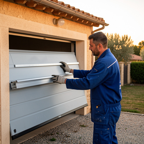 Remplacement d’une porte de garage à Toulon : un homme ajuste et installe une porte sectionnelle sur une maison en bord de mer.