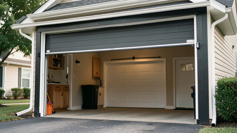 Une porte de garage motorisée qui s’ouvre automatiquement dans une allée résidentielle, avec un éclairage naturel et des détails réalistes sur le mécanisme et les joints pour évoquer confort et sécurité au quotidien.