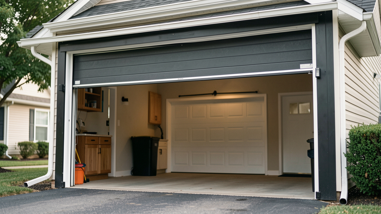 Une porte de garage motorisée qui s’ouvre automatiquement dans une allée résidentielle, avec un éclairage naturel et des détails réalistes sur le mécanisme et les joints pour évoquer confort et sécurité au quotidien.