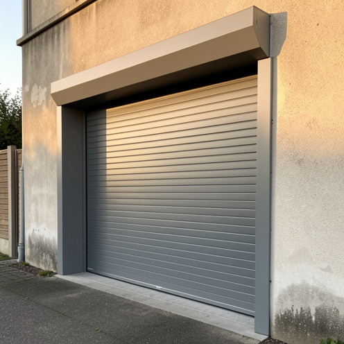 Porte de garage enroulable moderne avec coffre extérieur, porte ouverte sur un mur de maison au soleil levant, métal gris mat et détails architecturaux nets.