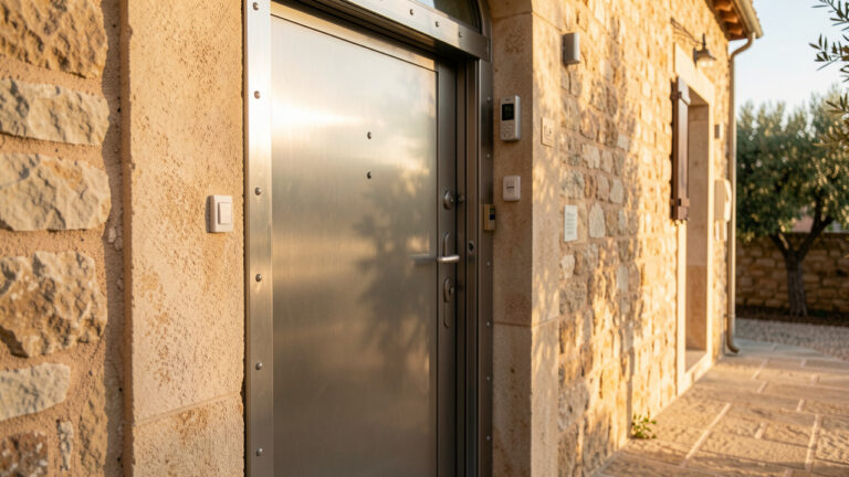 Porte d’entrée blindée renforcée en métal installée à l’entrée d’une maison provençale en lumière naturelle, avec détails de sécurité et finitions réalistes.