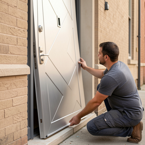 Porte d’entrée en aluminium moderne installée avec soin, mettant en avant la sécurité et le design dans une entrée résidentielle.