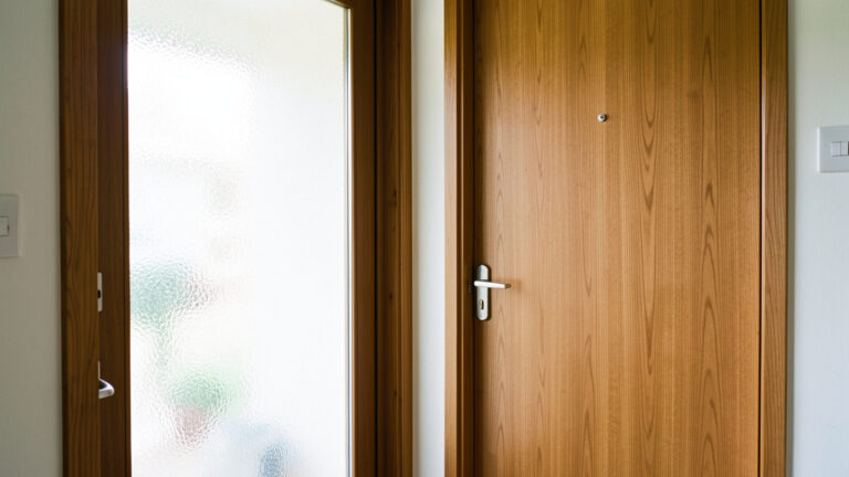 Photographie réaliste d’une porte d’entrée avec une partie vitrée et une partie pleine, montrant la lumière naturelle entrant dans l’entrée et la texture du bois, sans personne.
