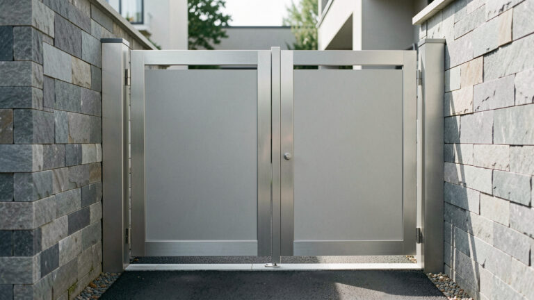 Portail battant double conçu pour un accès étroit, ouvert sur une entrée entre deux murs en pierre modernes, avec détails métalliques et éclairage naturel réaliste.