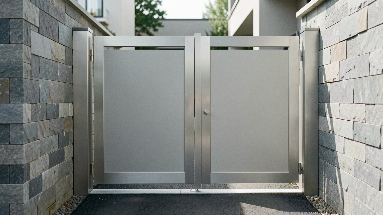 Portail battant double conçu pour un accès étroit, ouvert sur une entrée entre deux murs en pierre modernes, avec détails métalliques et éclairage naturel réaliste.