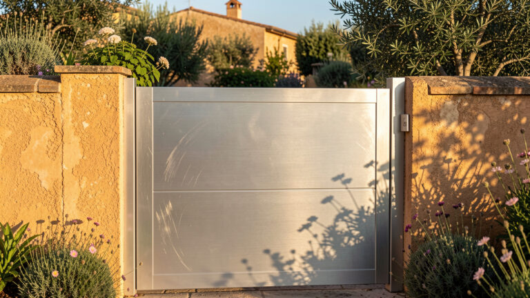 Portail en aluminium moderne dans un jardin méditerranéen du Var, éclairage doré et vue réaliste mettant en valeur la durabilité face au climat.