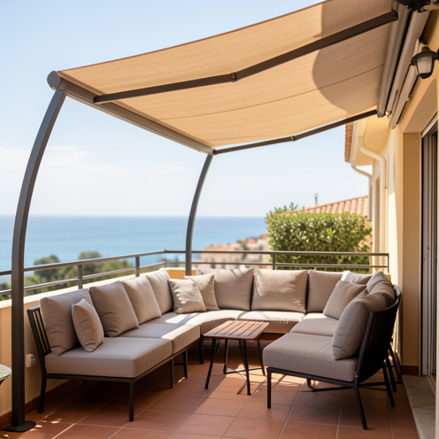Terrasse et balcon à Toulon avec un store rétractable déployé pour protéger du soleil, lumière méditerranéenne naturelle et ambiance résidentielle.