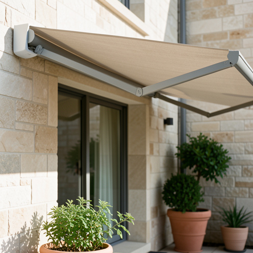 Store banne semi-coffre moderne partiellement déployé sur une terrasse, mettant en avant sa protection discrète et son mécanisme robuste, en lumière naturelle.