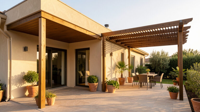 Terrasse couverte adossée à une maison et pergola en bois, montrant deux solutions d’aménagement extérieur selon l’exposition.
