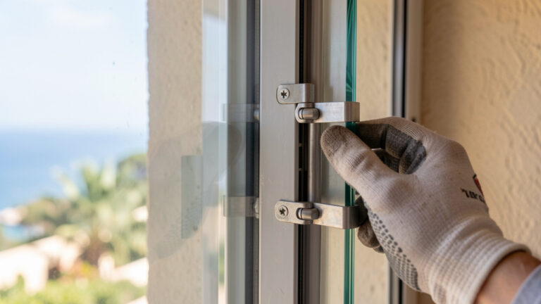 Installation d’un vitrage anti-effraction : fixation d’une vitre feuilletée renforcée sur un cadre de fenêtre, avec quincaillerie et détails de protection pour sécuriser les ouvertures dans le Var.