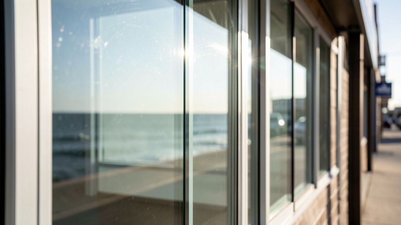 Gros plan d’une baie vitrée équipée de verre de sécurité pour vitrine et façade, avec reflets naturels et éclairage du soleil en extérieur, sans personne.