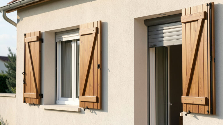 Façade de maison moderne avec deux types de volets battants et volets roulants, éclairage naturel du matin, détails réalistes des matériaux.